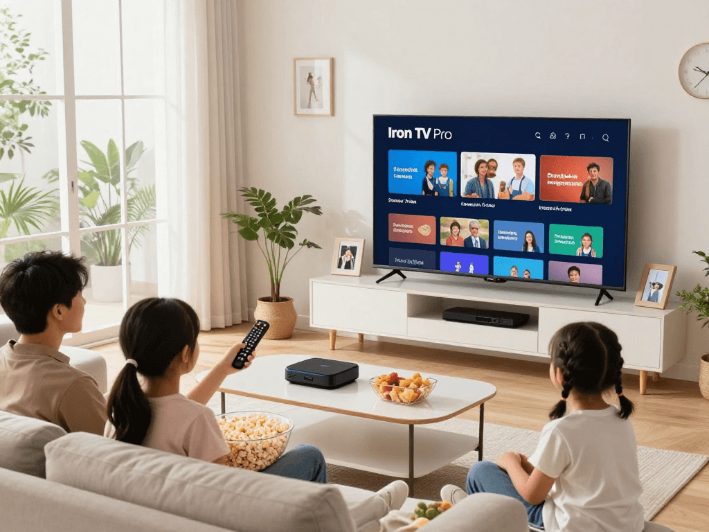 Iron tv pro expérience de streaming en famille dans un salon moderne.