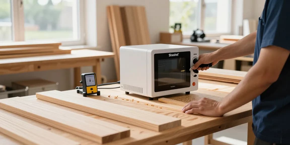 Traitement du bois avec Shashel® dans un atelier lumineux, technicien utilisant un dispositif écologique.