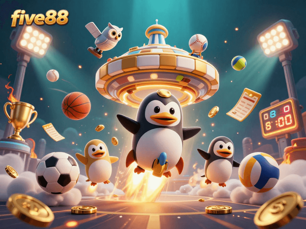 Experience the thrill of five88 casino with a rocket-powered penguin in action, showcasing sports elements and a vibrant casino atmosphere.
