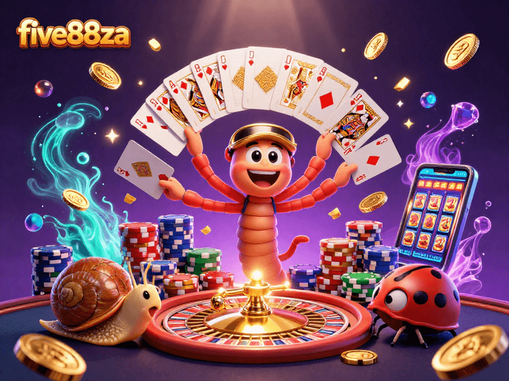 Experience thrilling action at five88za with a mesmerizing 3D casino scene filled with vibrant characters and gaming elements.