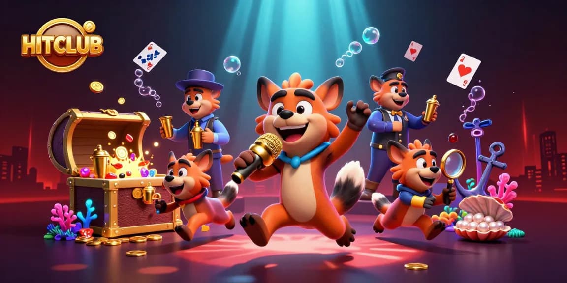 Experience the HITCLUB excitement with hyenas at a comedy casino, gold coins, and vibrant atmosphere.