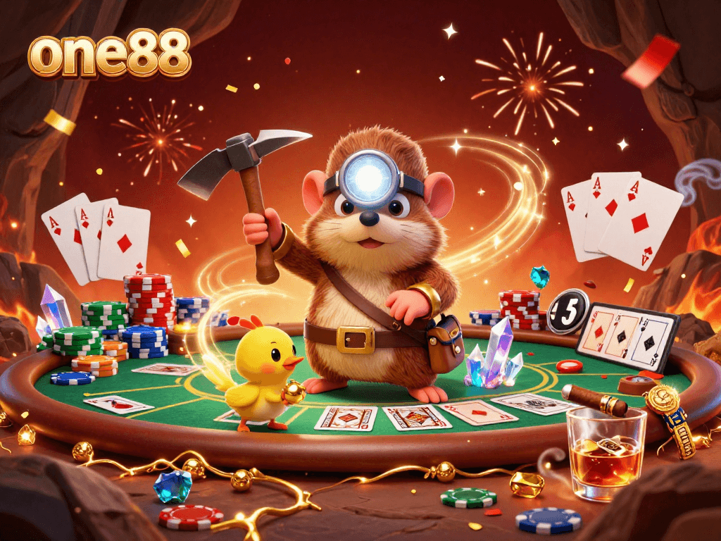 Experience excitement at one88 with a vibrant casino scene featuring a treasure hunter mole, poker table, and sparkling gems.