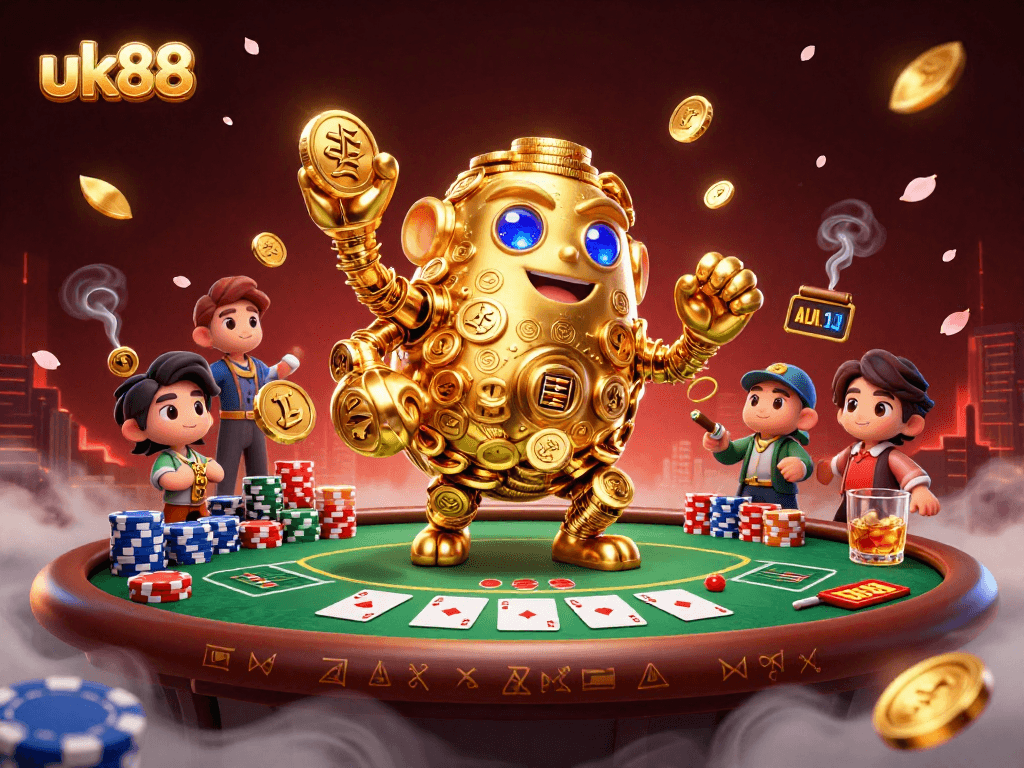 Experience thrilling gameplay at uk88, featuring a golden golem and vibrant poker table.
