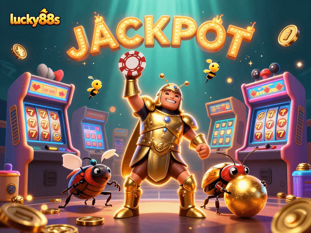 Lucky88s: A winning scene with a hero beetle and vibrant arcades in a dynamic casino atmosphere.