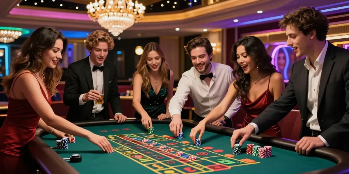 Scène de casino en ligne avec des amis jouant à la roulette, ambiance festive et excitante.