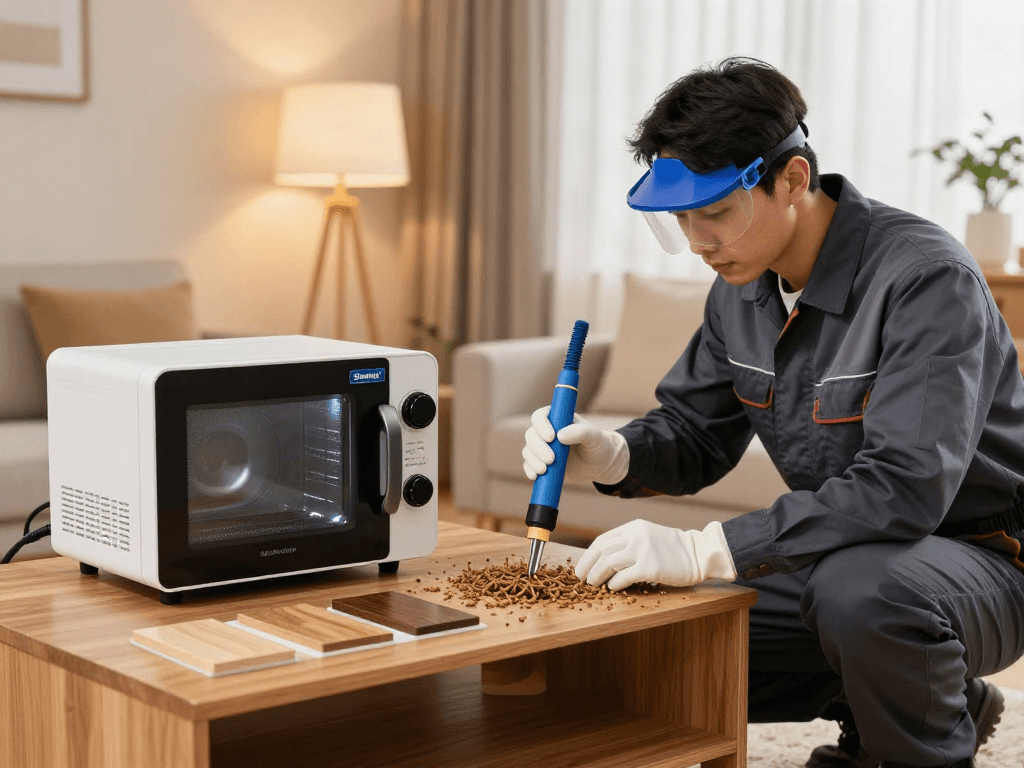 Traitement des bois avec Shashel® pour éliminer les insectes dans un cadre domestique.