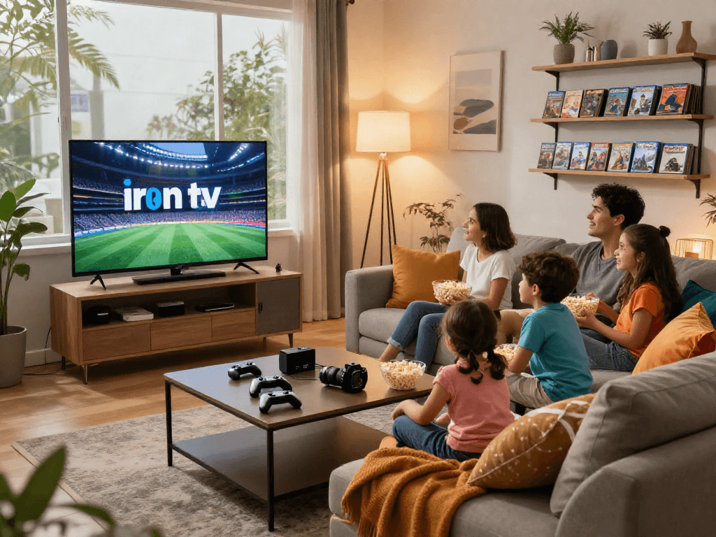 Famille regardant la télévision dans un salon moderne avec Iron tv pro à l'écran.