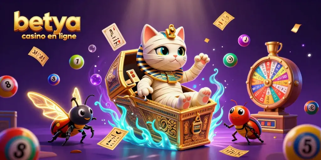 Win big with the exciting betya casino en ligne, featuring an Egyptian mummy cat and dynamic gaming elements.