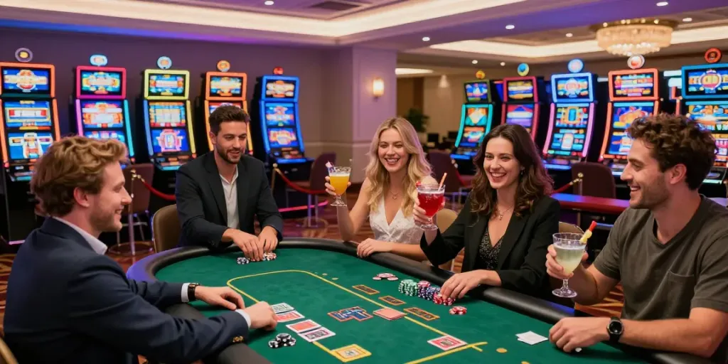 Casino Gratuit sans dépôt avec joueurs enthousiastes et machines à sous lumineuses.
