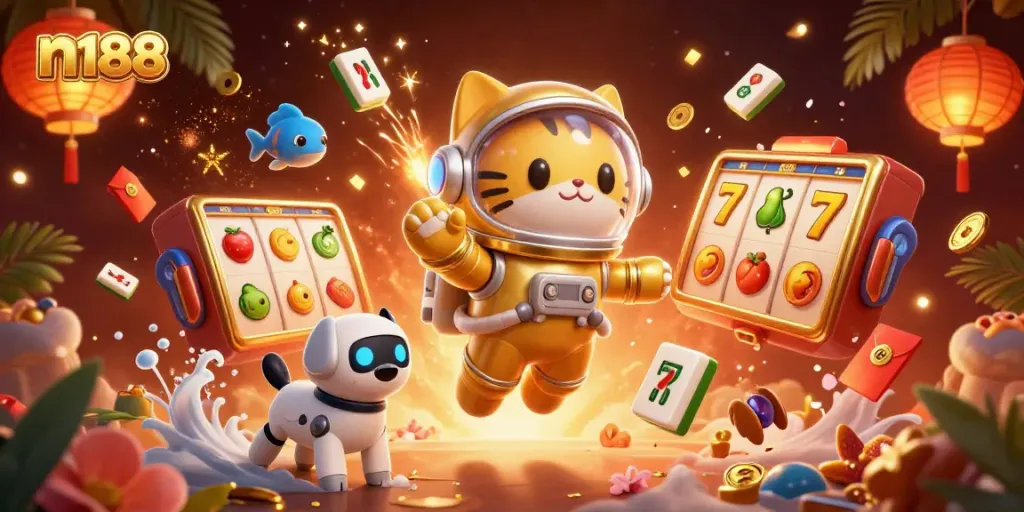 Experience thrilling slot games with n188, featuring vibrant 3D characters and exciting casino elements.