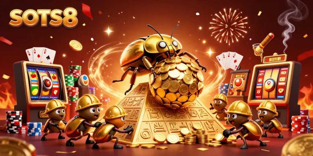 Experience the excitement of SLOTS8 with a golden beetle rolling a jackpot of coins amid vibrant casino imagery.