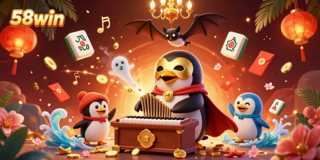 Experience the thrilling world of 58win with a vibrant casino scene featuring animated characters and festive decorations.
