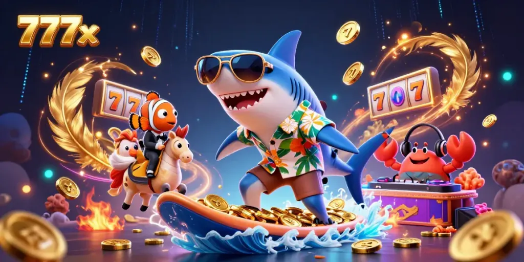 Engage with thrilling casino action at 777x featuring a shark surfer amidst gold coins and slot reels.