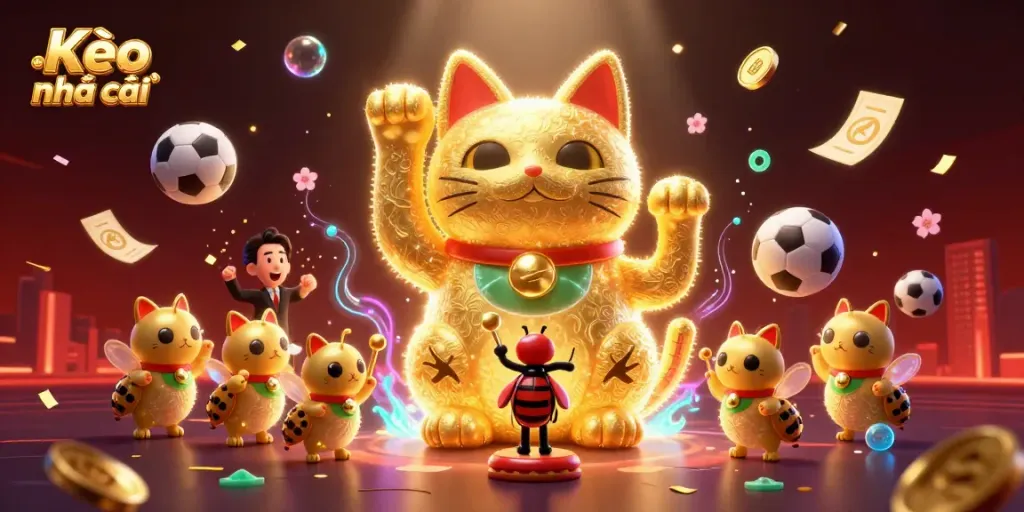 Engage in Kèo nhà cái with a vibrant illustration showcasing a lucky cat made of fireflies, conveying an exciting sports betting atmosphere.