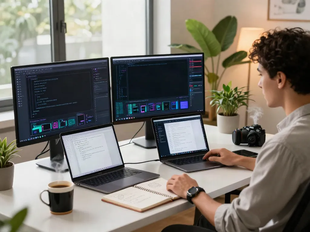 Engaging workspace with coder exploring uncensored AI chat technology, featuring vibrant monitors and interactive applications.