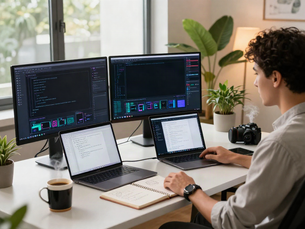 Engaging workspace with coder exploring uncensored AI chat technology, featuring vibrant monitors and interactive applications.