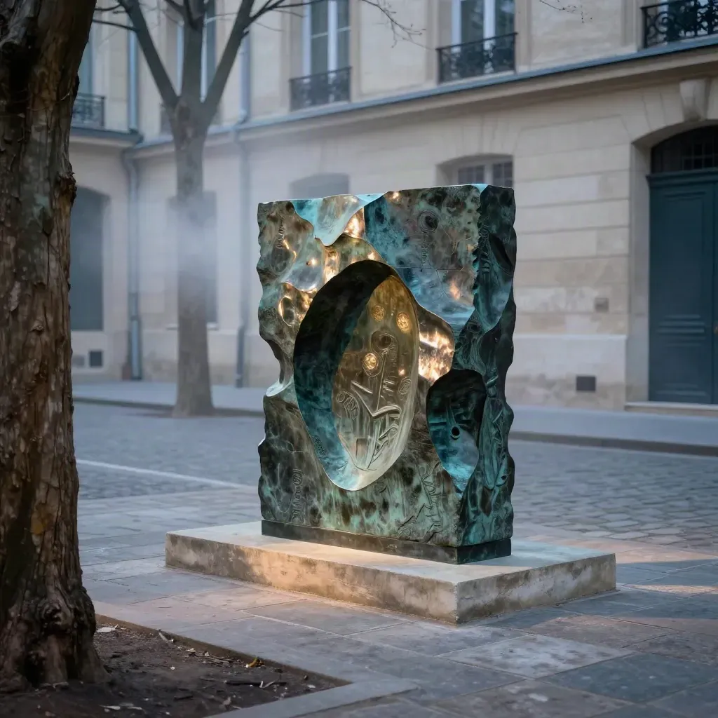 Sculpture contemporaine dans une cour parisienne au bleu du soir, brume légère et pierre claire.