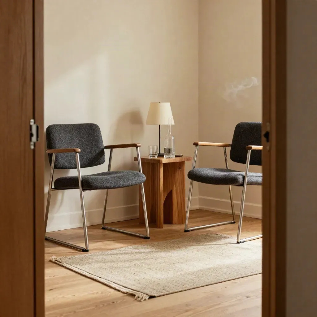 Deux chaises d’interview vides, carafe et lampe dans un coin de studio baigné de lumière.