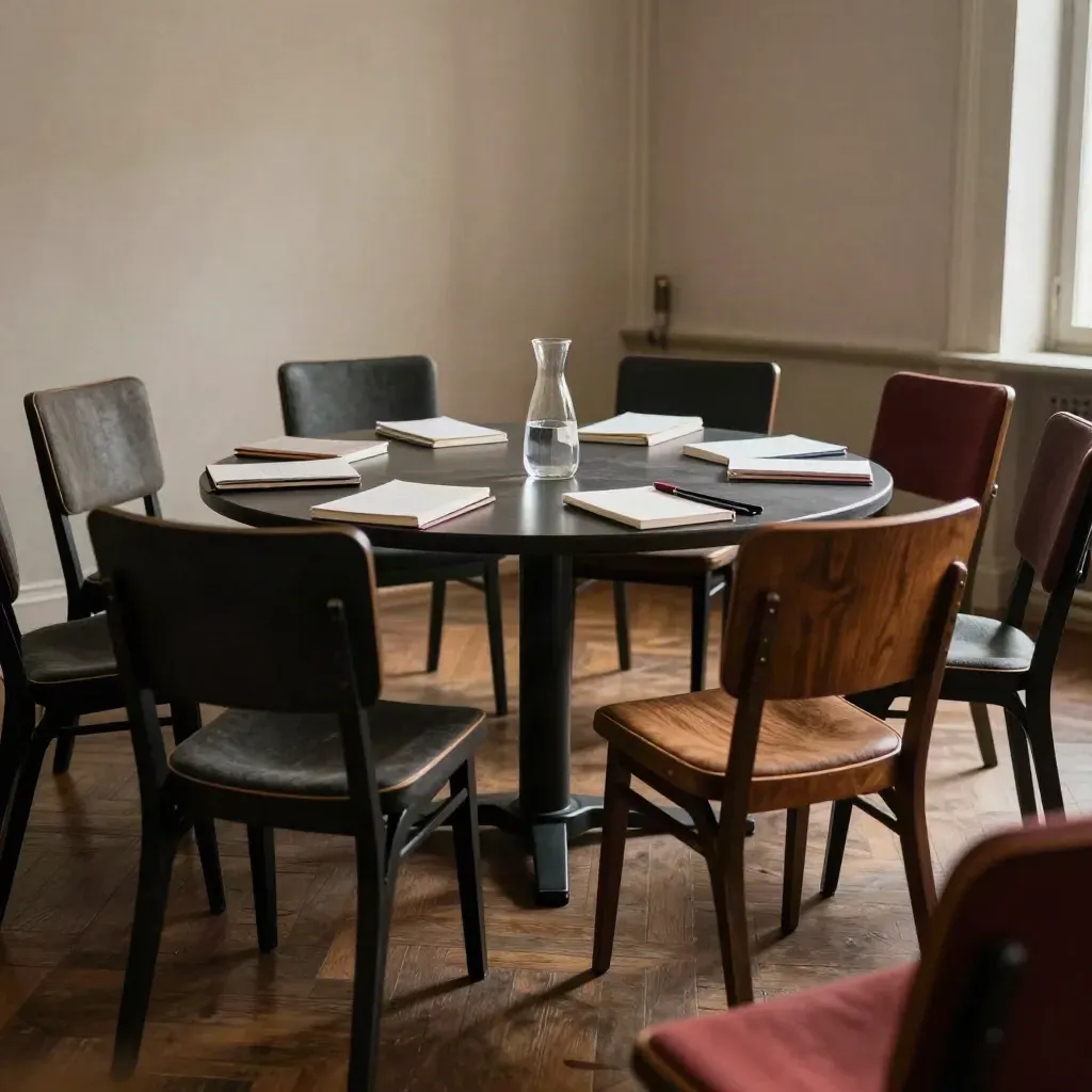 Chaises de débat vides autour d’une table basse, cahiers fermés, carafe, lumière chaude brumeuse.