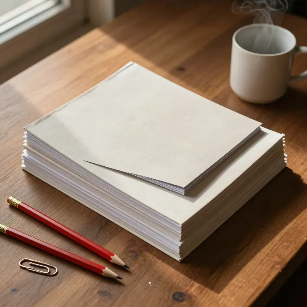 Vue zénithale de maquettes éditoriales, crayons rouges, trombones et tasse fumante sur table de rédaction.