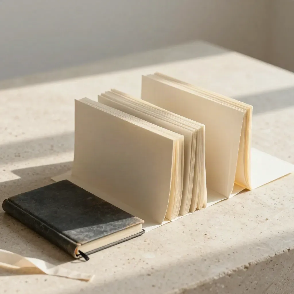 Feuilles de papier pliées, carnet fin et tissu sur pierre travertine, lumière du matin