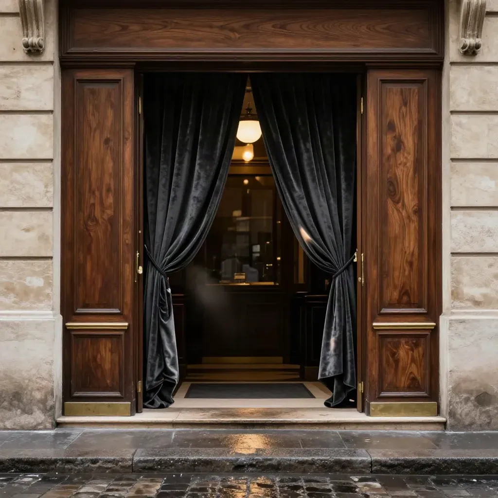 Entrée d’un petit théâtre parisien, pavés mouillés et rideaux de velours dans la pénombre.