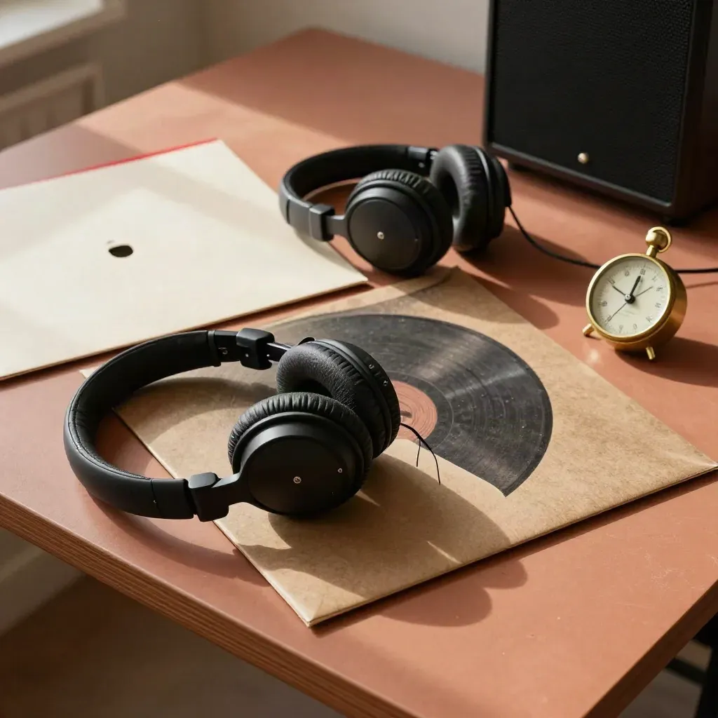 Vinyles face cachée, casque, haut-parleur et métronome sur une table en terre cuite.