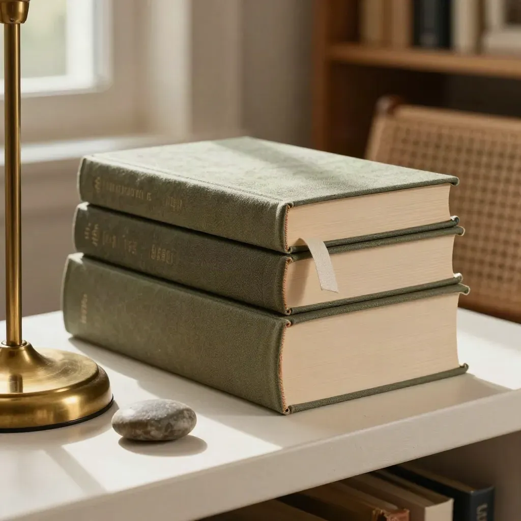 Pile de livres, marque-page en lin, base de lampe et deux pierres lisses sur une étagère en plâtre.
