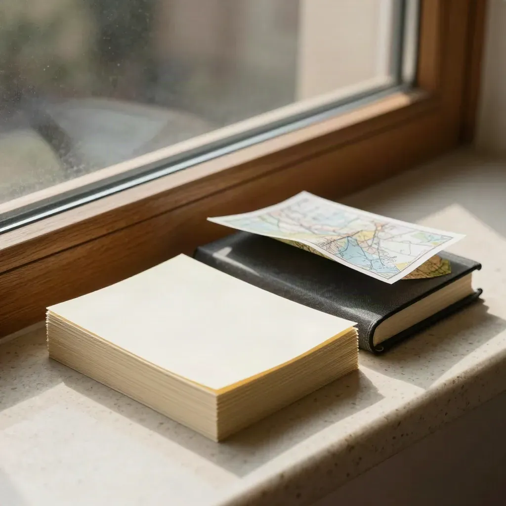 Cartes éditoriales, carnet fermé et carte pliée sur un rebord en travertin, lumière du matin.