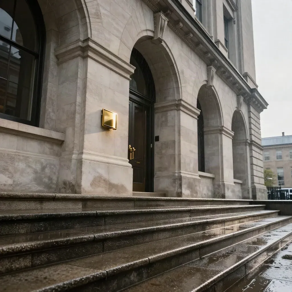 Façade en pierre d’un bâtiment culturel sous la pluie, avec marches mouillées et poignée en laiton.