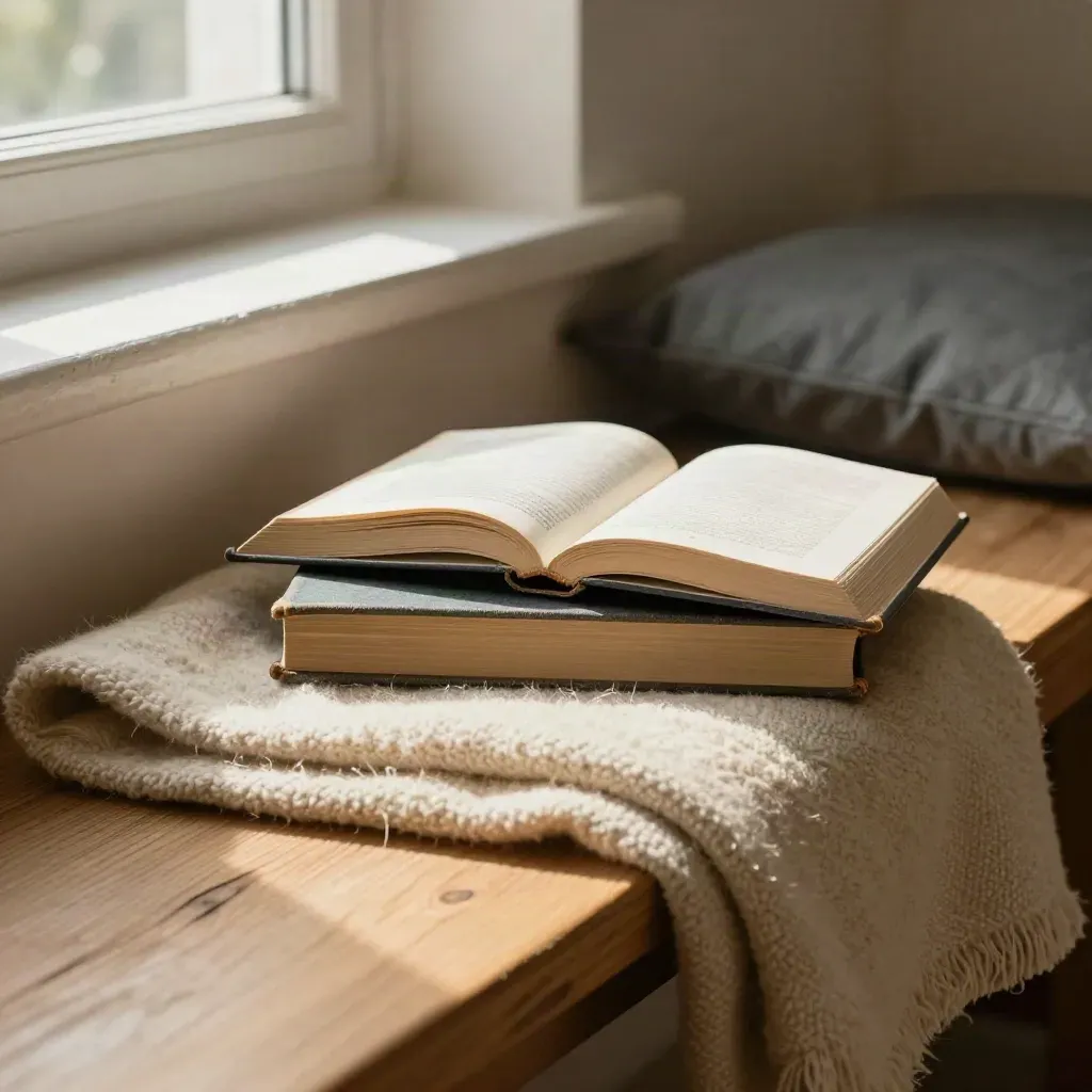 Trois livres et une laine épaisse sur un banc de lecture, lumière d’après-midi.