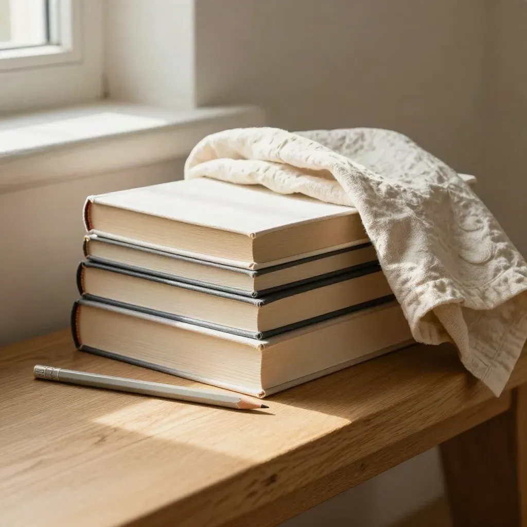 Livres empilés, crayon et linge en lin sur un banc, lumière douce d’après-midi.