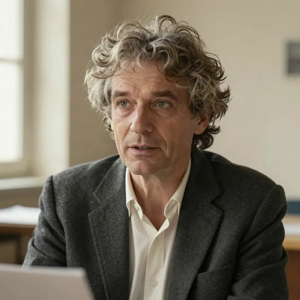 Portrait serré d’un chroniqueur culturel français aux boucles poivre et sel, devant un mur en plâtre.
