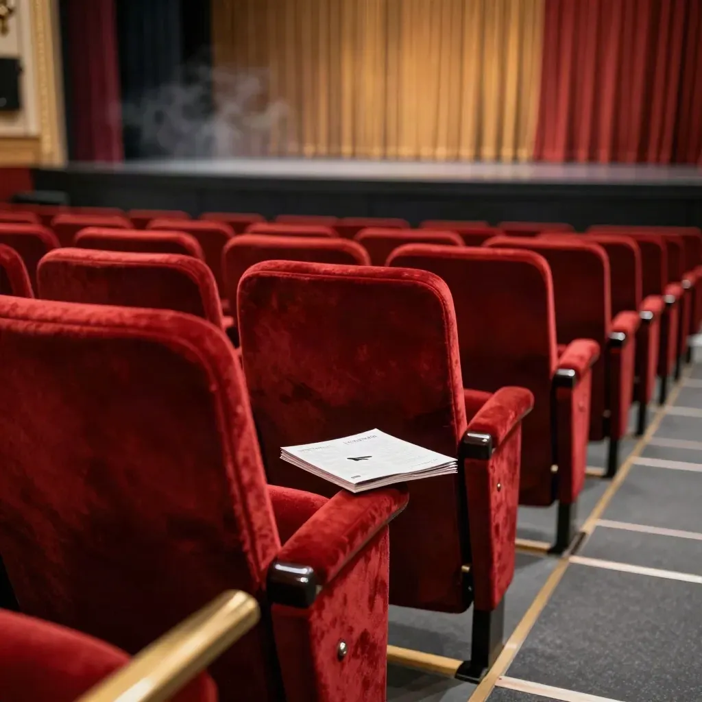 Rangée vide de fauteuils de théâtre, programme plié et laiton flou dans une lumière chaude.