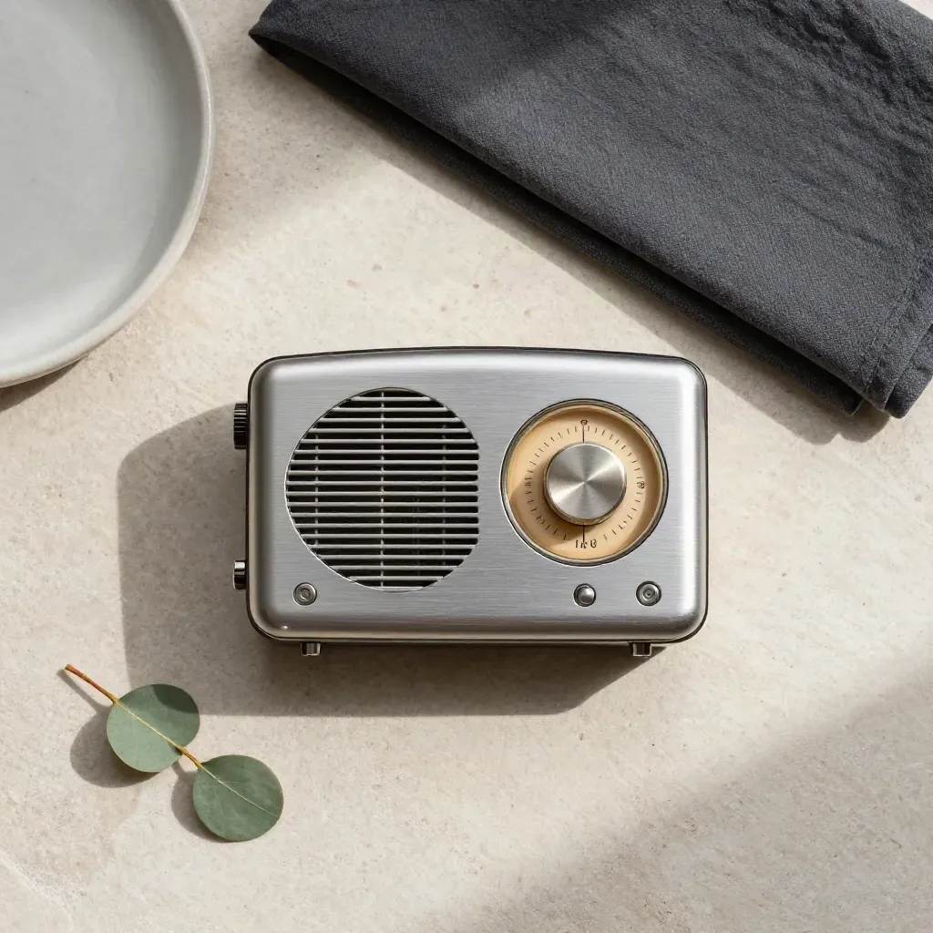 Radio de bureau, tissu sombre, coupelle en céramique et brin de vert sur pierre claire.