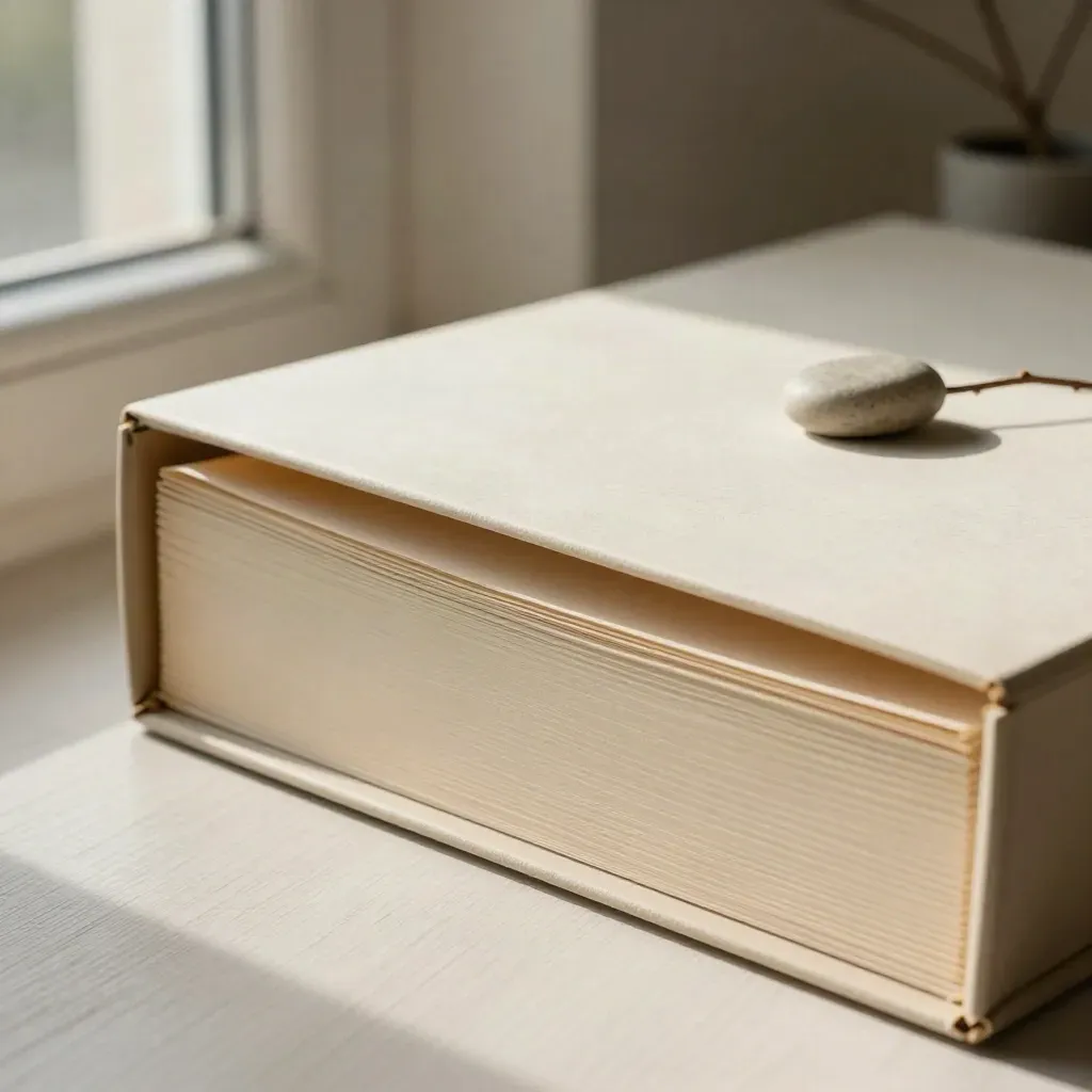 Boîte d'archives, dossier crème, pierre et rameau dans une tasse sur bois pâle.