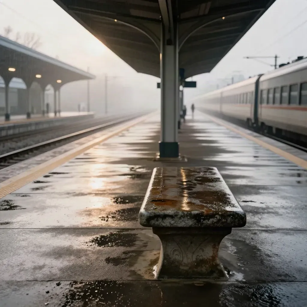 Quai de gare vide sous la pluie, banc en pierre et marquise lointaine dans la brume