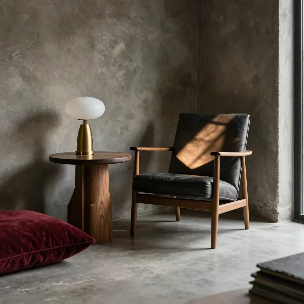 Salon éditorial sombre avec fauteuil, table ronde et lampe sculpturale sur murs en plâtre.