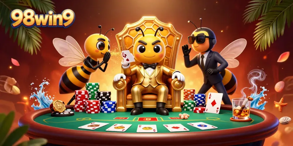 Experience thrilling poker action at 98win9 with a vibrant casino atmosphere featuring a bumblebee mob boss.