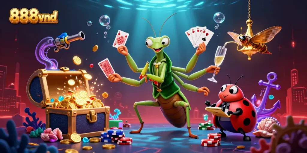 Experience the vibrant 888vnd casino world through this dynamic 3D illustration.