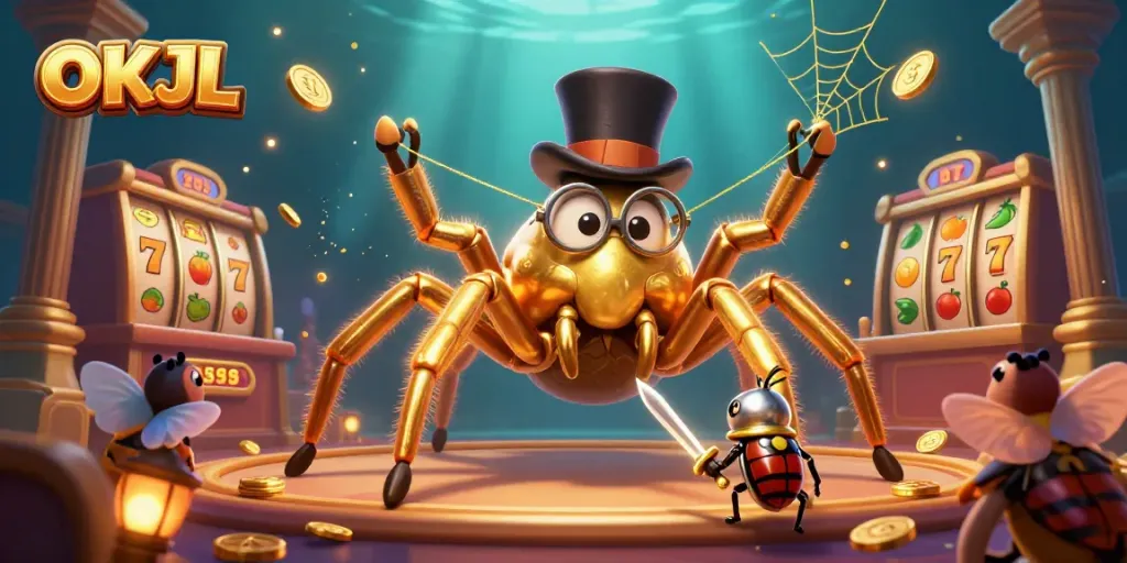 Engage with the thrilling world of OKJL casino illustrated with vibrant slot games and iconic characters.
