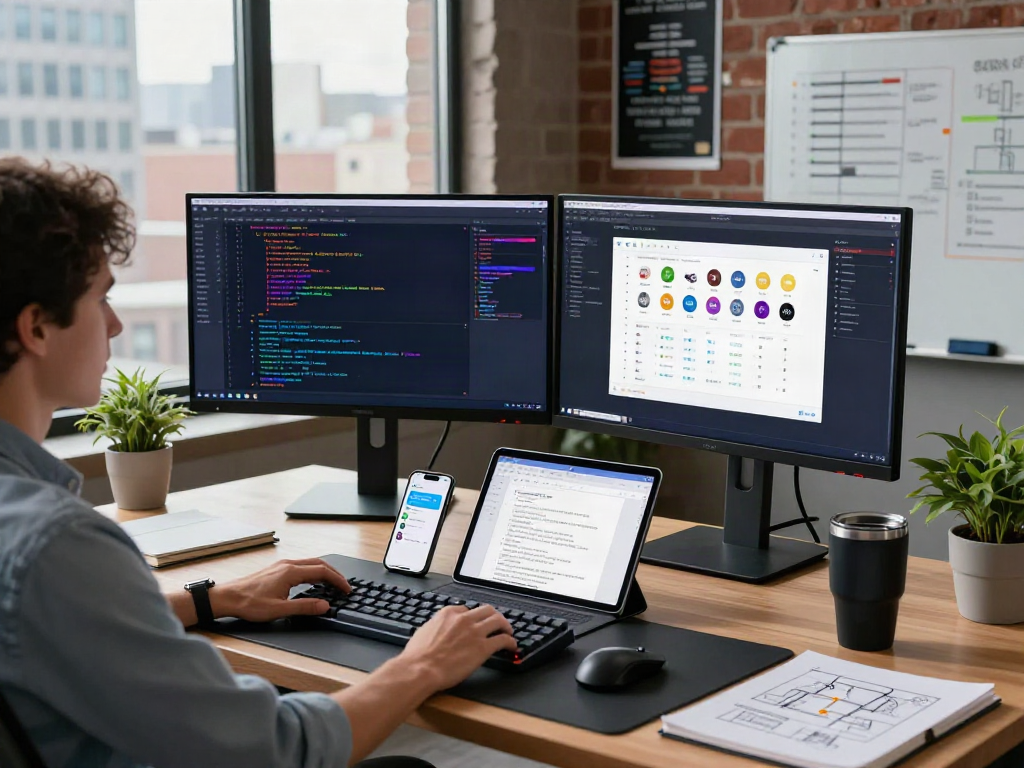 Développeur utilisant Atlas pro dans un bureau moderne, entouré d'écrans et de matériel de programmation.