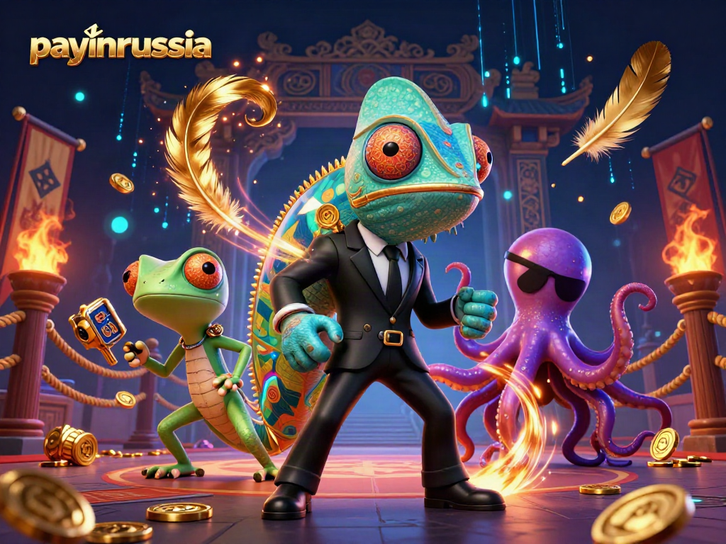 Jouez avec payinrussia dans une scène de casino vibrante avec un caméléon, un gecko technologique et une pieuvre.