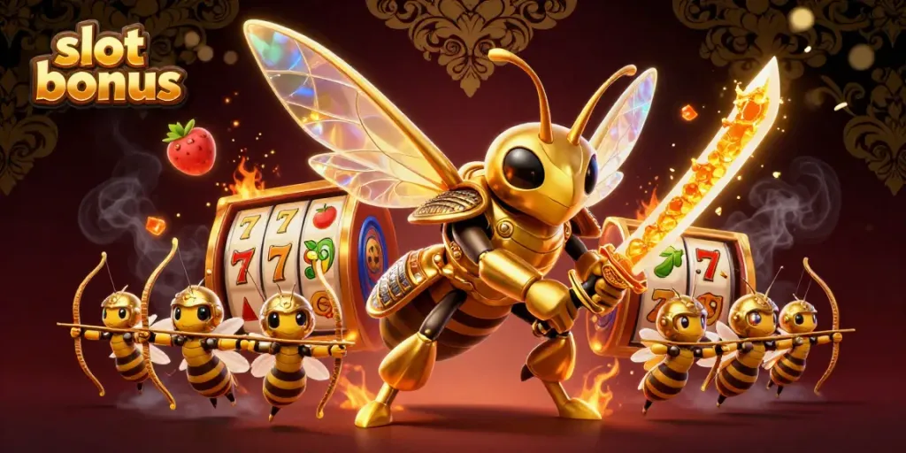 Engage with the slot bonus scene featuring a golden hornet and dynamic game elements.