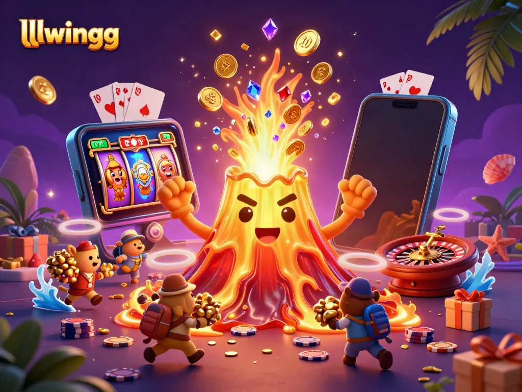 Experience the thrill of llwingg with coins erupting from a golden volcano in a dynamic casino scene.
