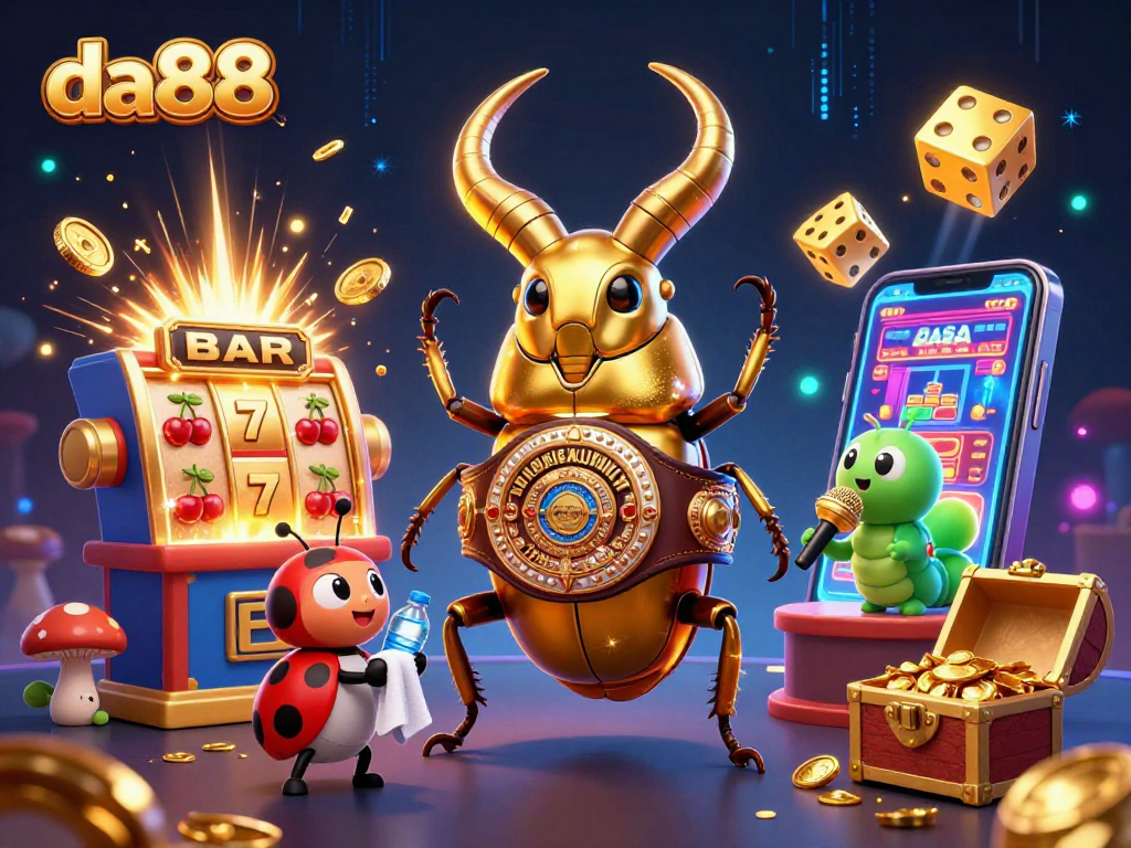 da88 showcases a vibrant casino scene with a giant golden stag beetle and dynamic slot machine action.