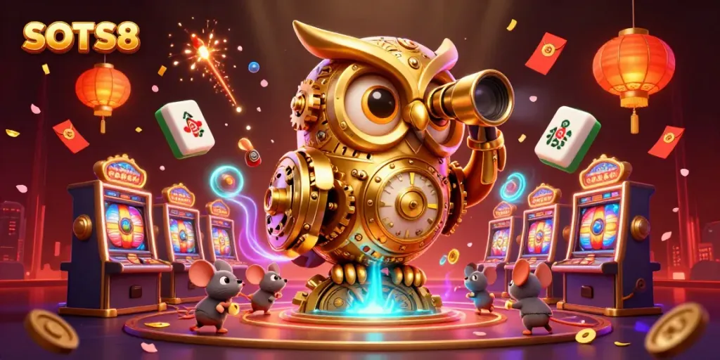 SLOTS8 showcases a vibrant 3D casino scene featuring a golden owl and slot machines in action.