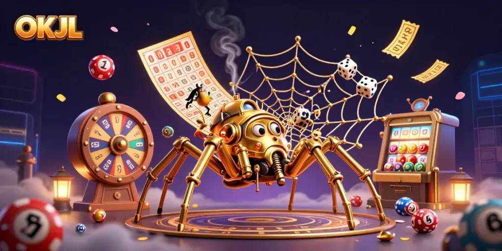 Engage with OKJL's vibrant casino scene featuring a steampunk spider and lottery elements.