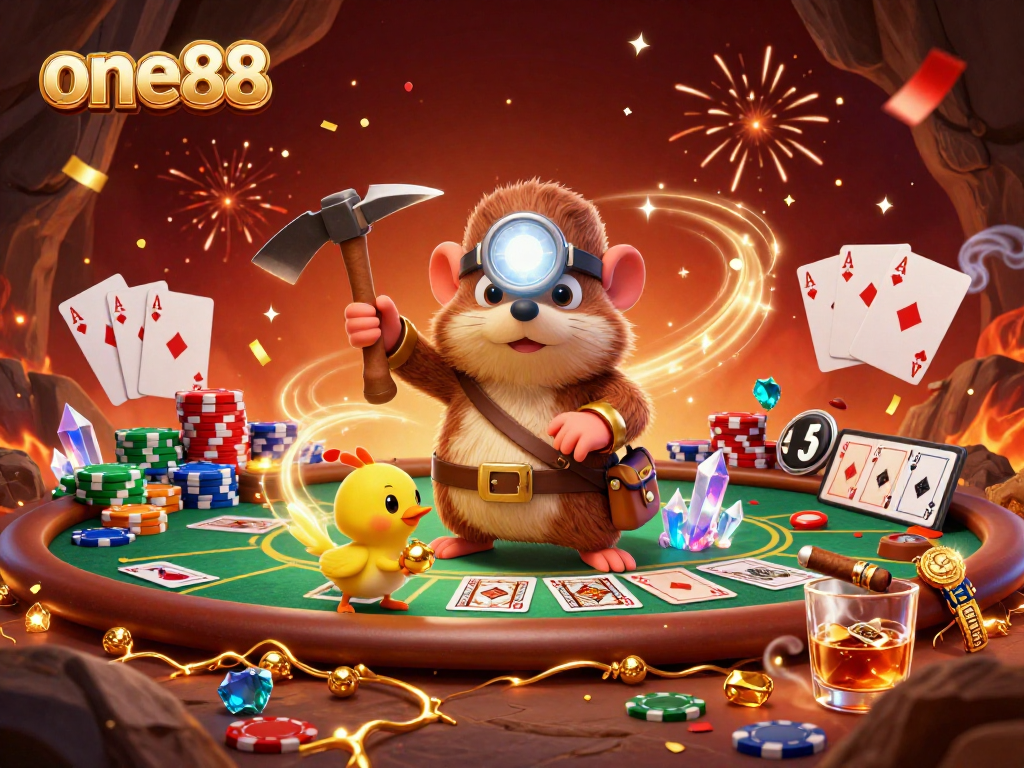 Experience excitement at one88 with a vibrant casino scene featuring a treasure hunter mole, poker table, and sparkling gems.